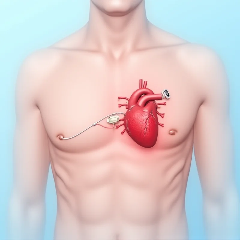 Medical illustration of a pacemaker implanted in a patient's chest.