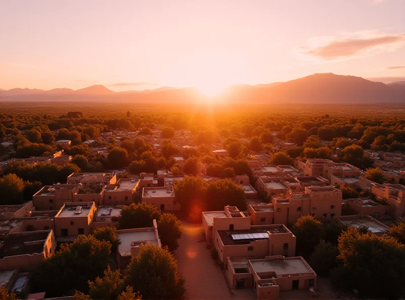 Aerial view of Santa Fe, New Mexico at sunset.