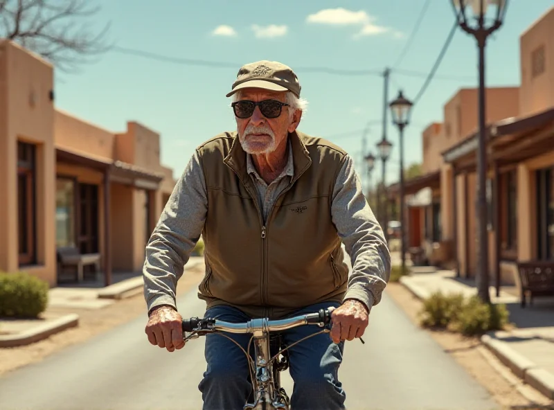 Gene Hackman riding a bicycle in Santa Fe, New Mexico