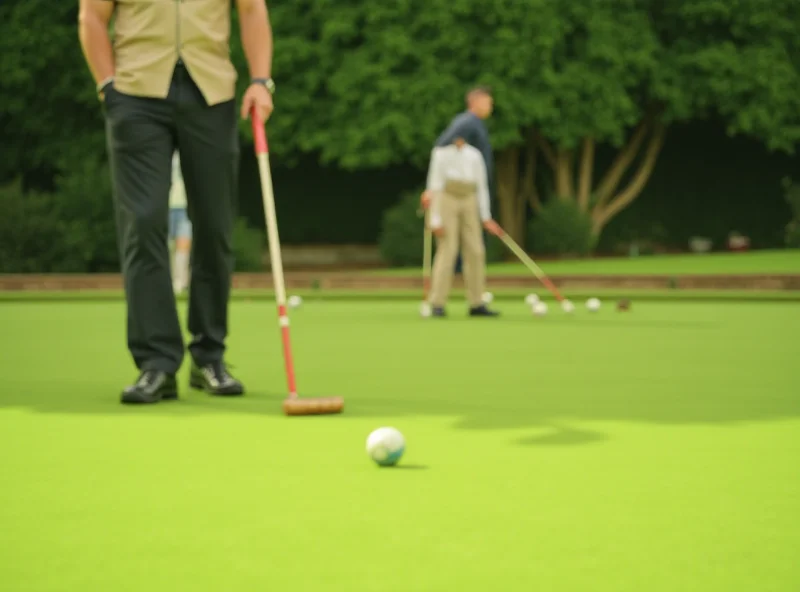 A lawn bowler carefully aims before releasing the bowl.