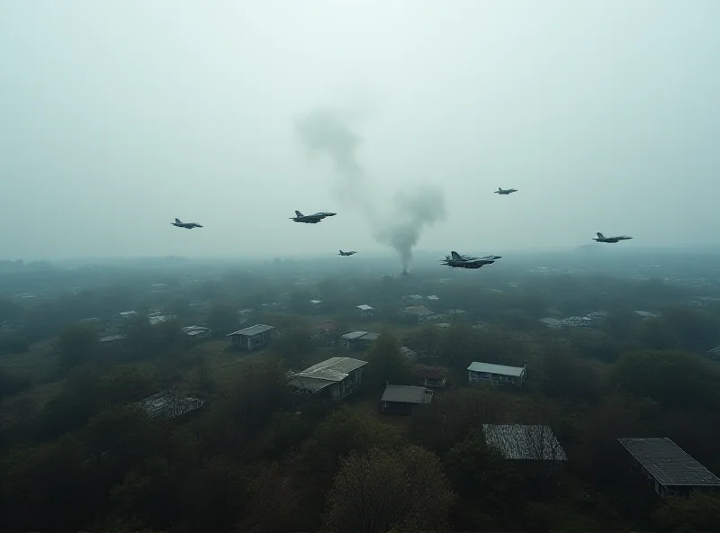 AI generated image of South Korean fighter jets flying in formation above a rural landscape with small houses and fields. Smoke plumes rise in the distance, suggesting a recent bombing.