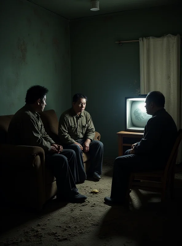 AI generated image of a dimly lit North Korean home with a family gathered around an old television. The atmosphere is somber and the room is sparsely furnished.