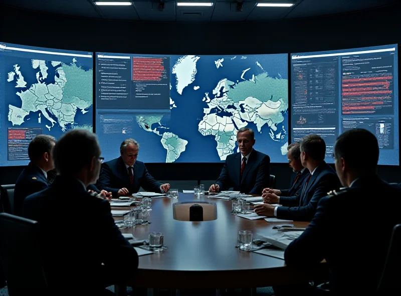 Military advisors discussing nuclear strategy in a high-tech war room, maps displayed on screens.