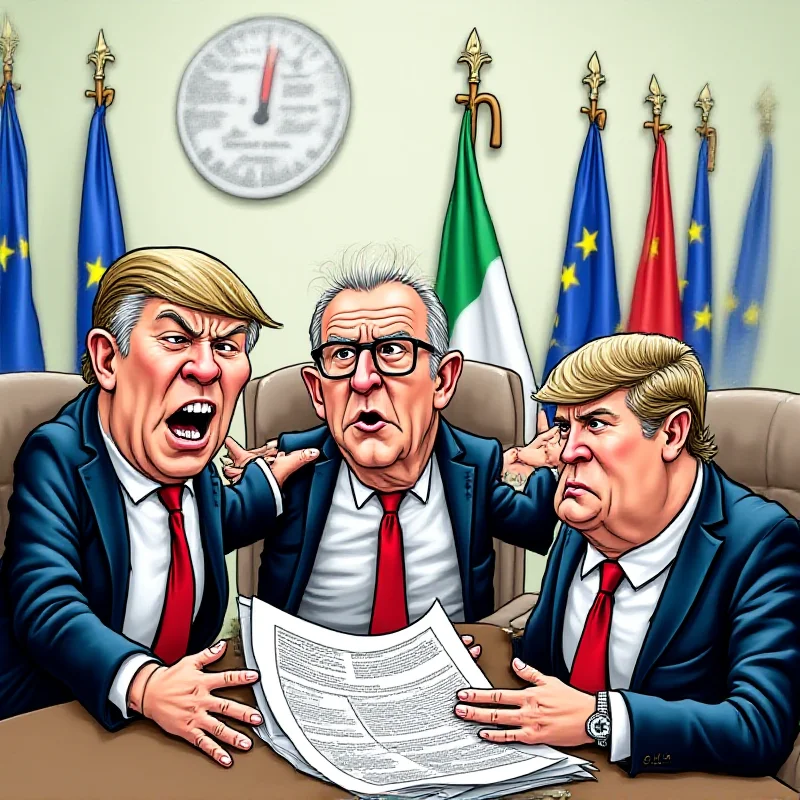 A political cartoon depicting Italian government officials arguing over a budget, with EU flags in the background.