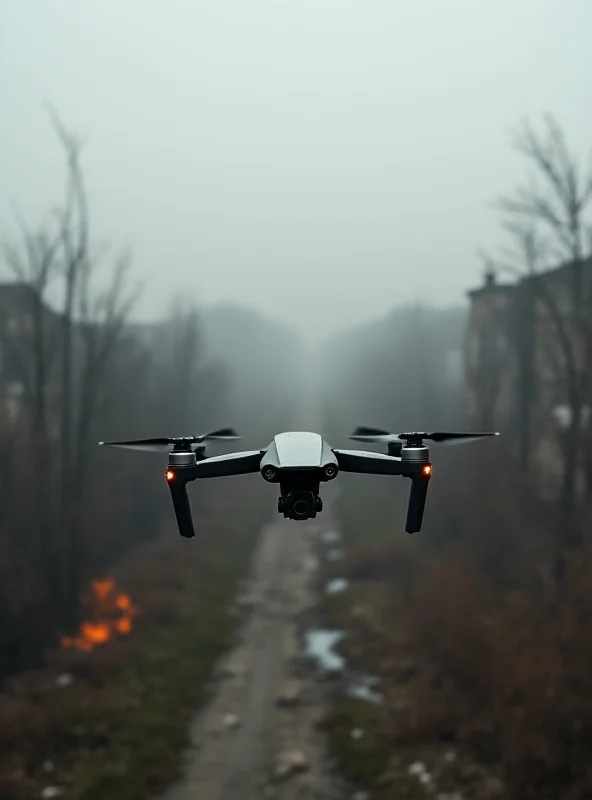 A drone flying over a battlefield in Ukraine.