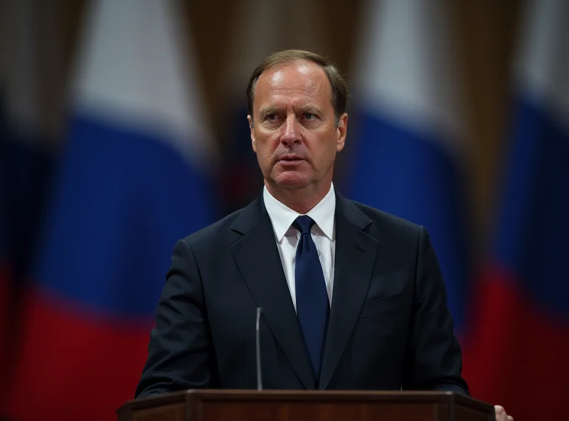 Dmitry Medvedev giving a speech at a podium with the Russian flag in the background