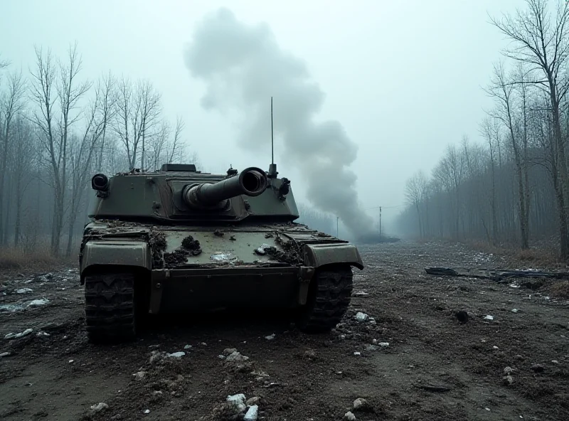 A damaged military vehicle in a war-torn Ukrainian landscape with smoke rising in the background