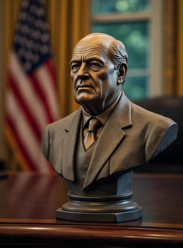 A bust of Winston Churchill on a desk in the Oval Office, with the American flag visible in the background