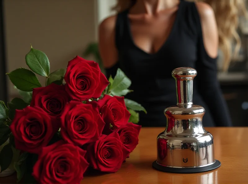 A bouquet of flowers and a meat grinder sitting on a table in front of a grieving woman.