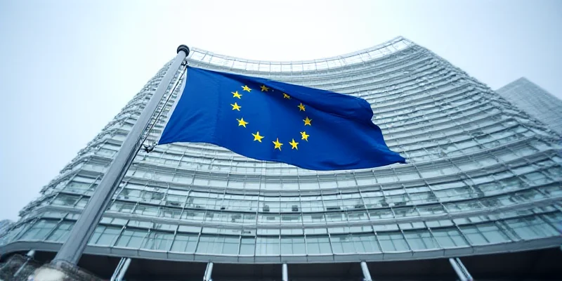 European Union flag waving in front of the European Council building in Brussels.