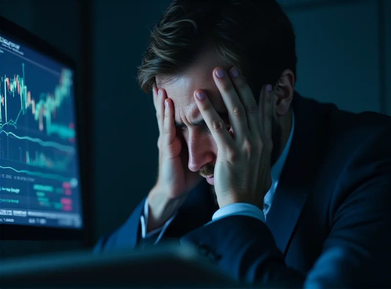 Image of a worried banker looking at a computer screen showing error messages and financial data.