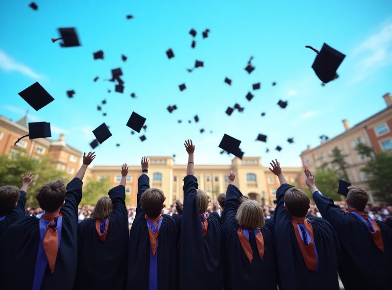 Image of university graduation ceremony with students in caps and gowns throwing their hats in the air.