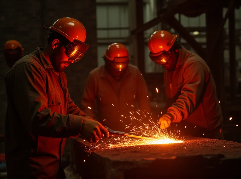 Steelworkers in a German factory handling molten metal