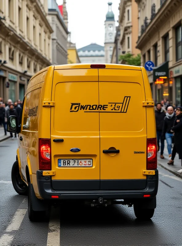 A Deutsche Post delivery van parked on a city street.