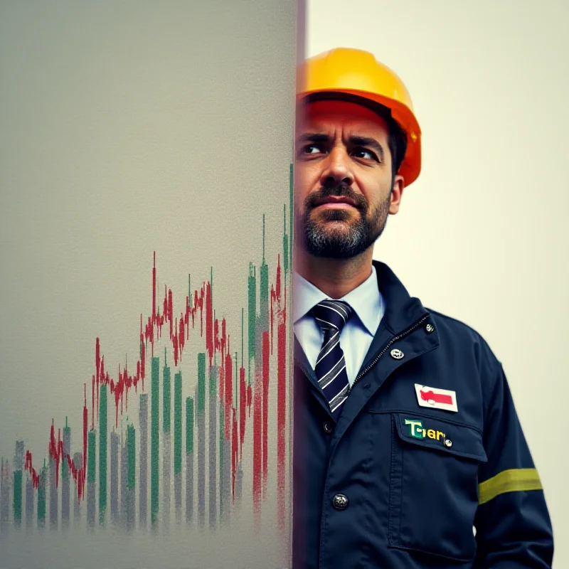 A split image showing an upward trending stock chart on one side and a sad-looking postal worker on the other.