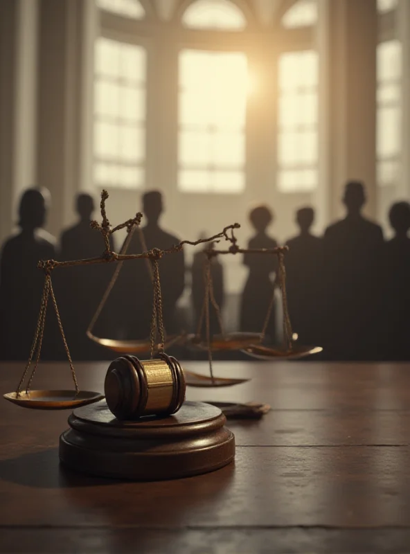 An artistic representation of a courtroom with a gavel and scales of justice in the foreground.