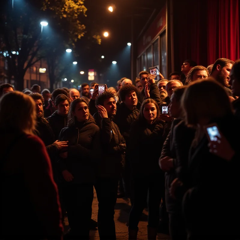 A crowd of fans waiting outside a theater stage door, some holding photos and autographs pens.