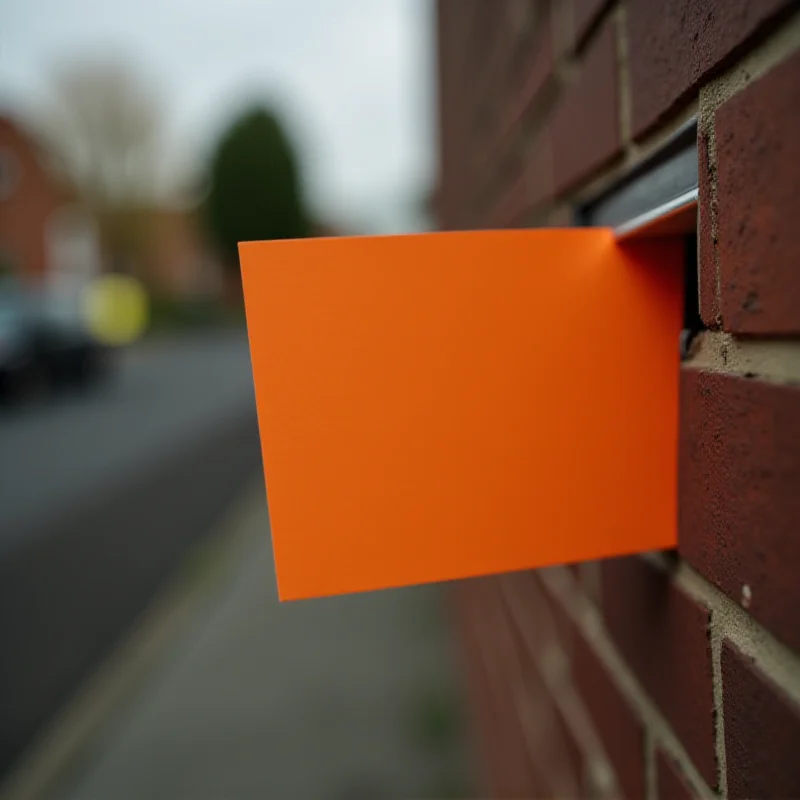 Close-up of an orange card in a mailbox, with a blurred background of a residential street.