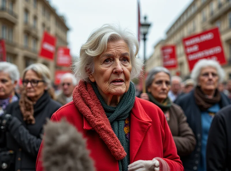 Elderly women holding signs protesting against the far-right in a German city square.