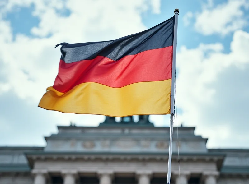 The German flag waving in the wind in front of the Reichstag building in Berlin.