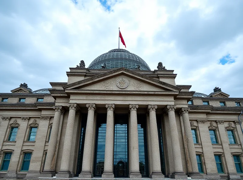 View of the Reichstag building in Berlin under a cloudy sky, symbolizing the German government and political processes.