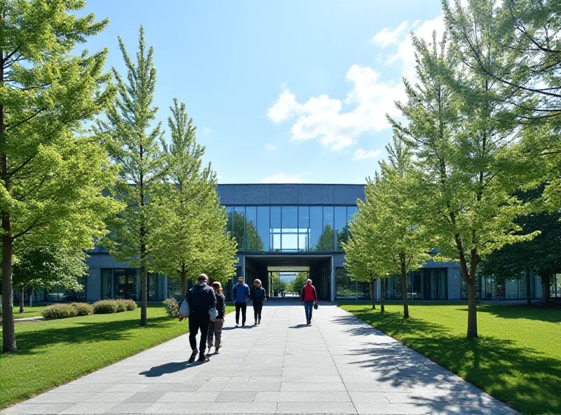 Exterior view of a modern university building, possibly TU Berlin, with students walking in the foreground and trees lining the pathway.