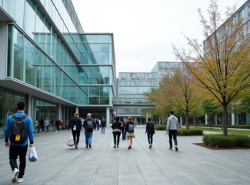 A modern university building with students walking around.