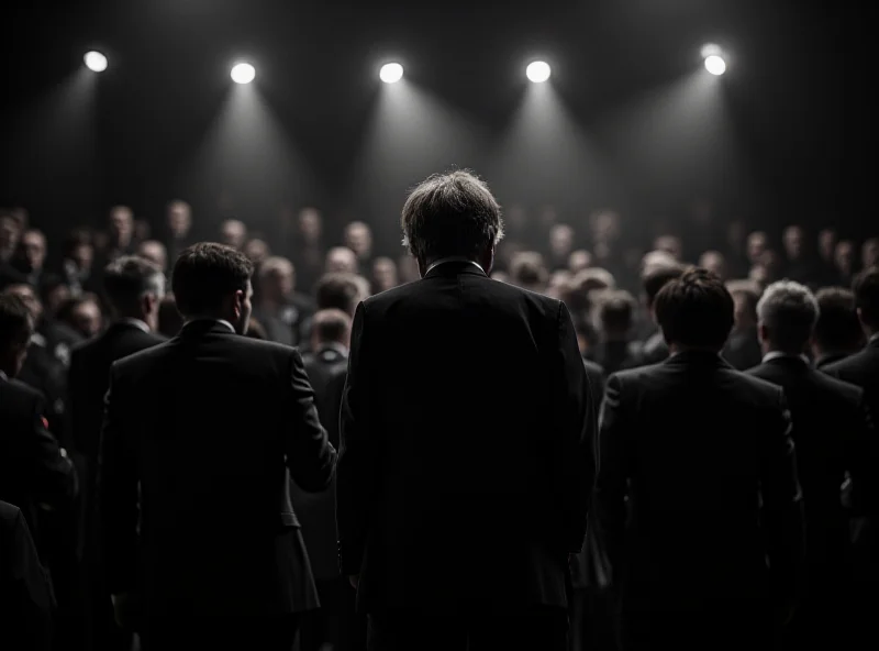 A group of politicians in suits standing on a stage during an election night event.