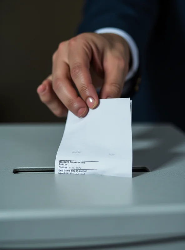 Close up of a hand placing a postal ballot in a ballot box.