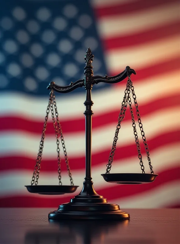 An illustration of scales of justice with an American flag in the background