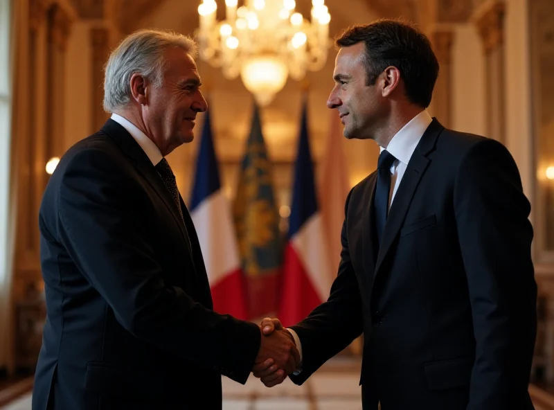 Friedrich Merz and Emmanuel Macron shaking hands in a formal setting.