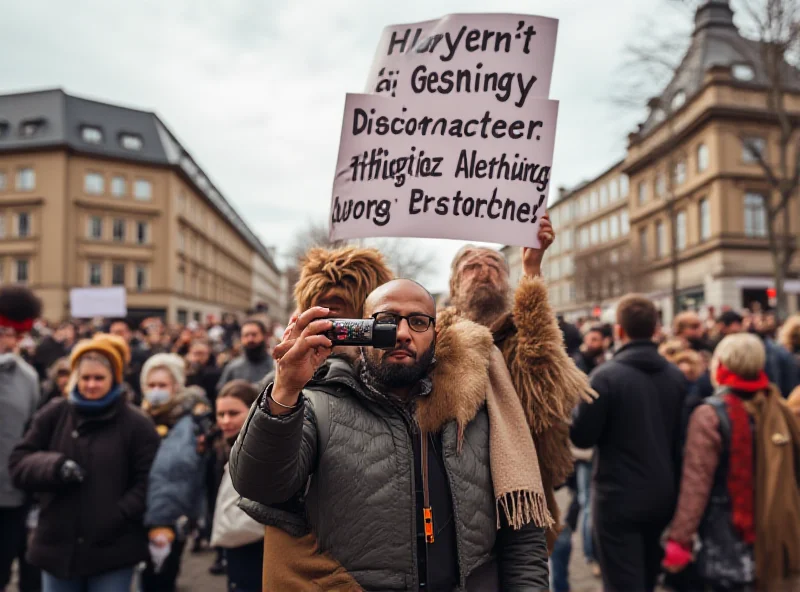 Protesters holding signs in a city square