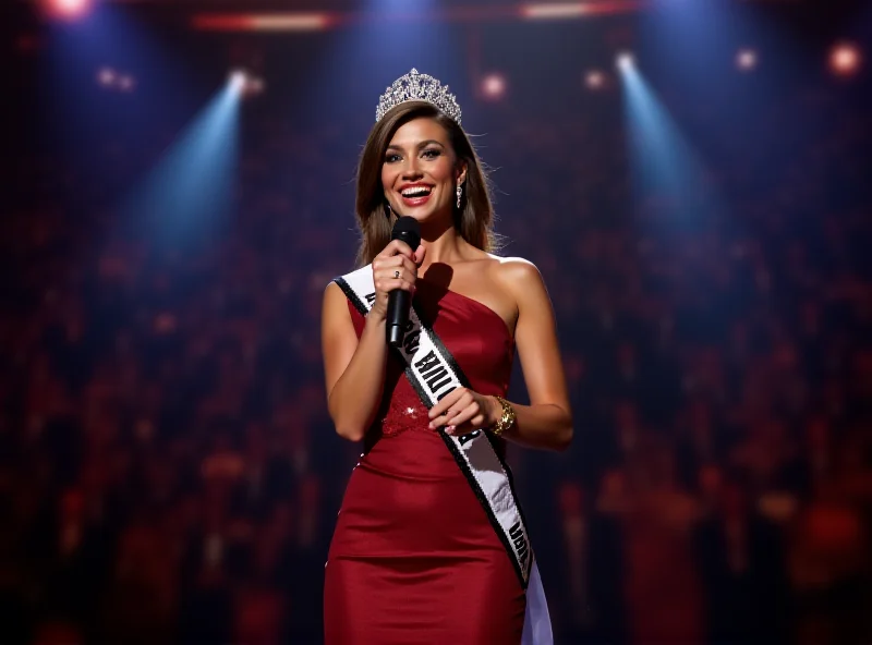 Valentina Busik, Miss Germany, standing on stage with a microphone, smiling and addressing the audience. She is wearing a stylish dress and the Miss Germany sash.