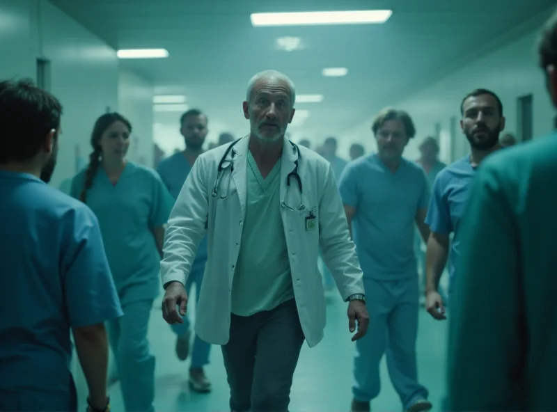 A chaotic scene from the TV series 'Krank Berlin', showing a doctor looking stressed in a crowded emergency room with patients and medical staff rushing around.