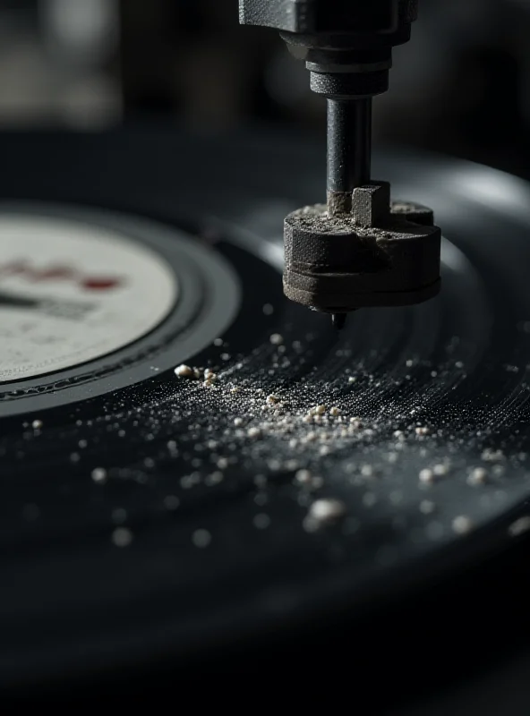 Close-up shot of a vinyl record being cut on a lathe-cutting machine. The diamond needle is visible, and there are shavings of vinyl accumulating around the cutting area.