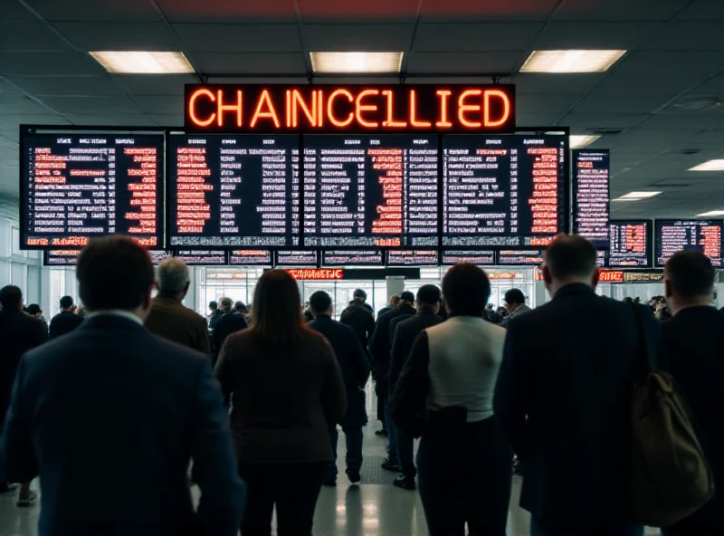 A crowded airport terminal with people looking at departure boards showing cancelled flights.