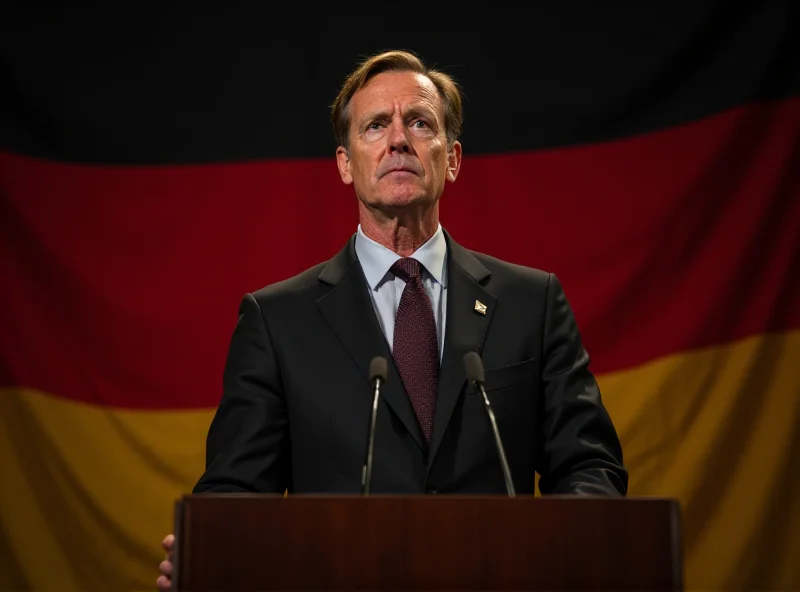 Friedrich Merz speaking at a podium with the German flag in the background.