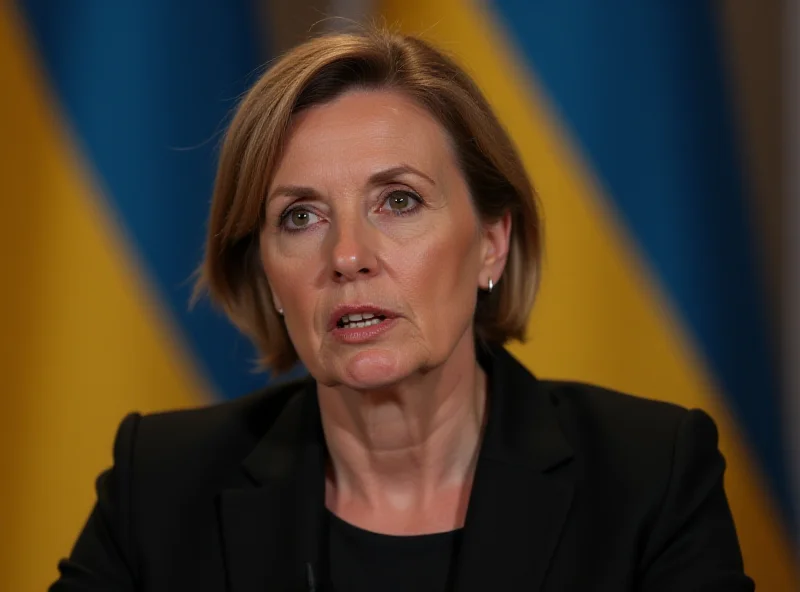 Annalena Baerbock speaking at a press conference with the Ukrainian flag in the background