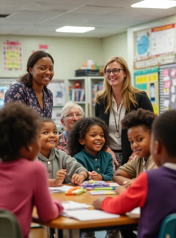 A diverse group of teachers in a classroom setting, smiling and interacting with students