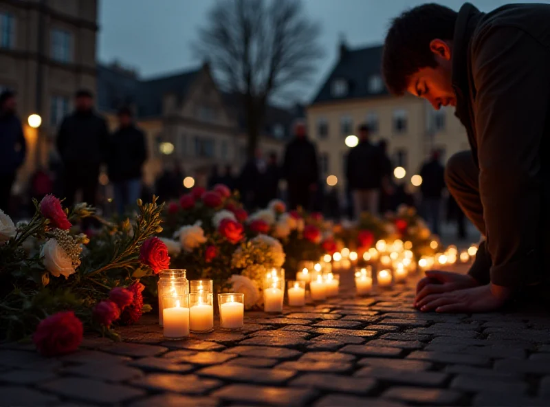 A somber scene depicting a memorial with candles and flowers in a public square, honoring the victims of a tragic event in Mannheim.