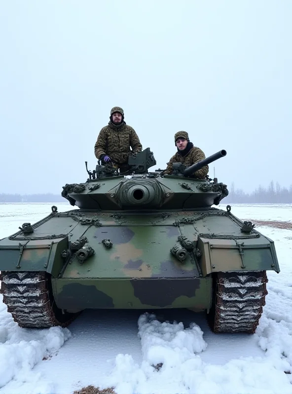 German soldiers standing on a Leopard 2 tank in a snowy field in Lithuania. The tank is painted in camouflage colors, and the soldiers are wearing winter gear.