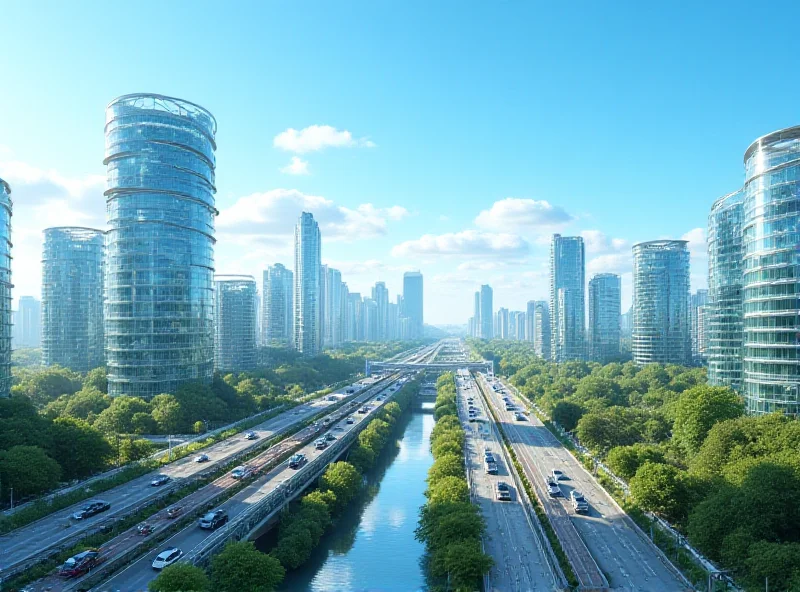 A modern cityscape in Germany featuring futuristic buildings and advanced transportation systems, representing investment in infrastructure and technology.