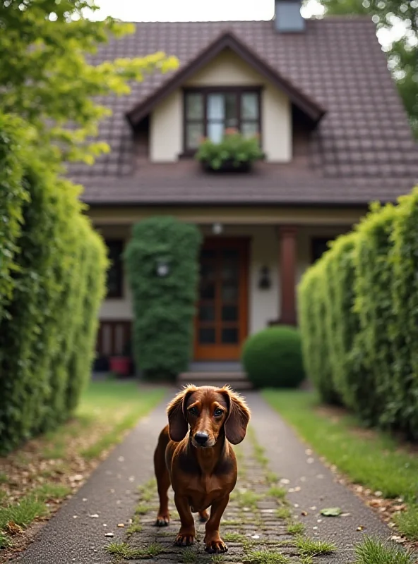 A lone dachshund standing in front of a house, looking alert and curious.