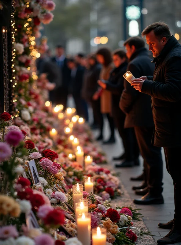 Mourners laying flowers at a memorial site.