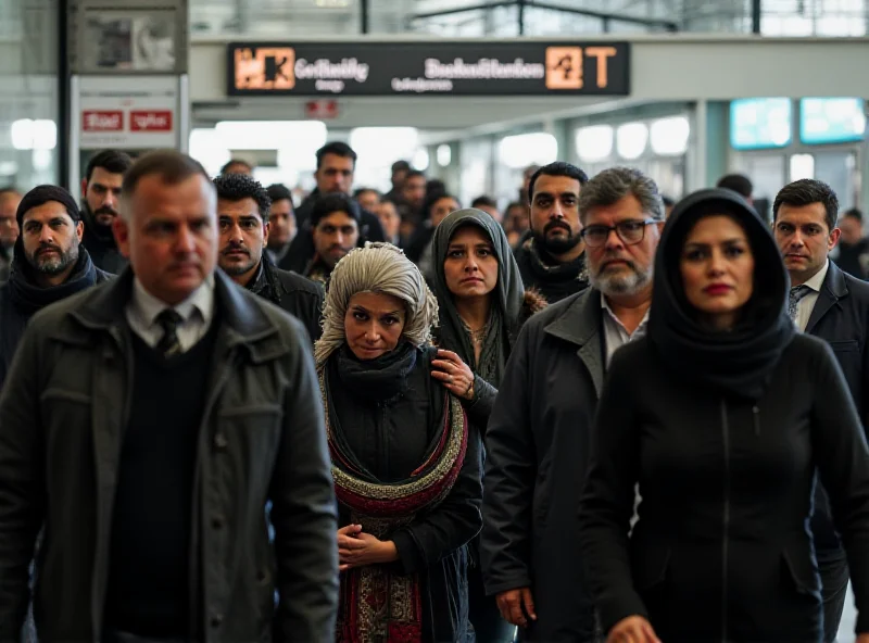 A group of Afghan refugees arriving at an airport in Berlin, surrounded by officials and aid workers. The atmosphere is hopeful but tinged with uncertainty.