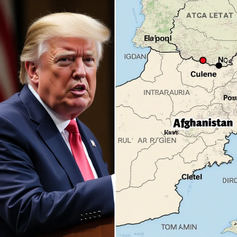 A split image showing Donald Trump giving a speech on one side and a map of Afghanistan highlighting the Bagram Airbase on the other side. The image conveys the renewed debate over US involvement in Afghanistan.