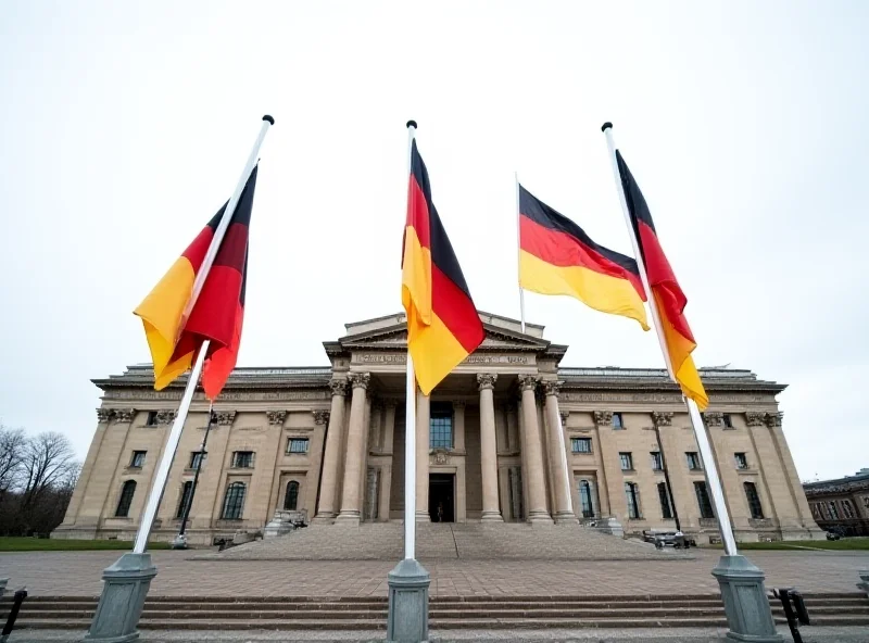 German courthouse with flags flying in front.