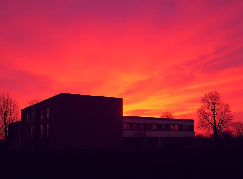 Silhouette of a school building against a sunset sky.