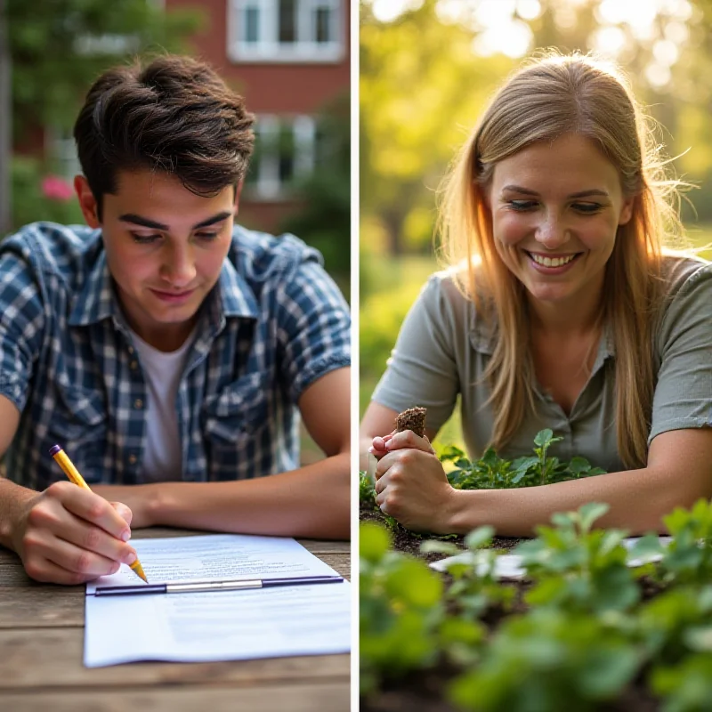 A split image showing a young person filling out a questionnaire and another volunteering in a community project, representing the debate over mandatory vs. voluntary service.