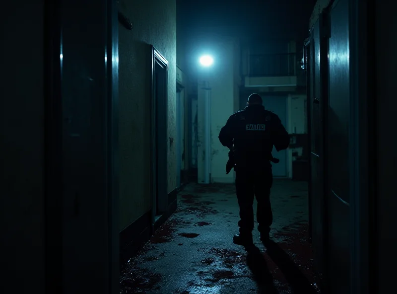 A German police officer examining a crime scene at night, with forensic lights illuminating the area.